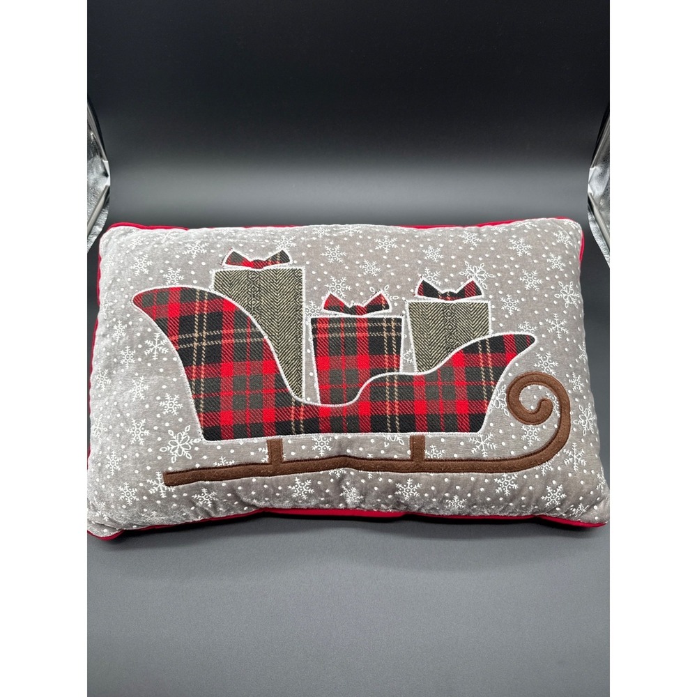 Santa Sleigh and Snowflake Christmas Throw Pillow/Red Trim -Soft Velvet Material